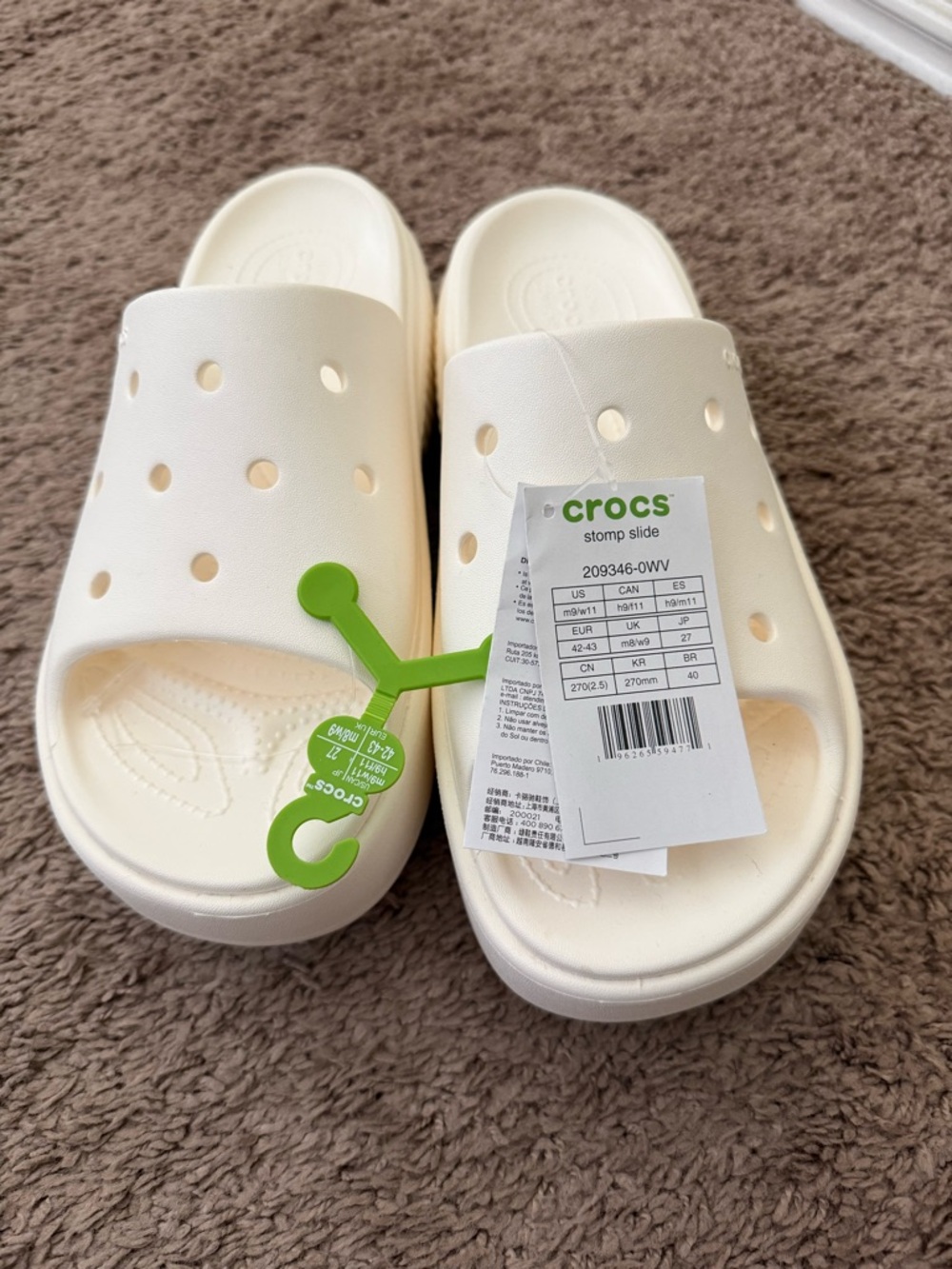 CROCS White Slide Clogs with Green Tag